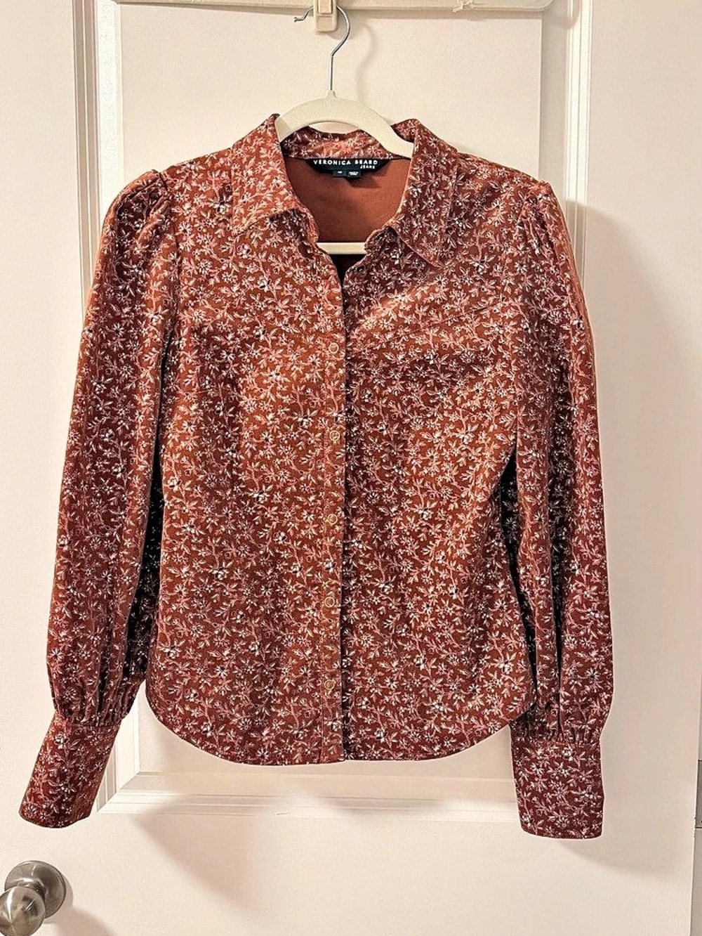 Veronica Beard Moore Nutmeg Floral Printed Corduroy Shirt Brown & White Size XS